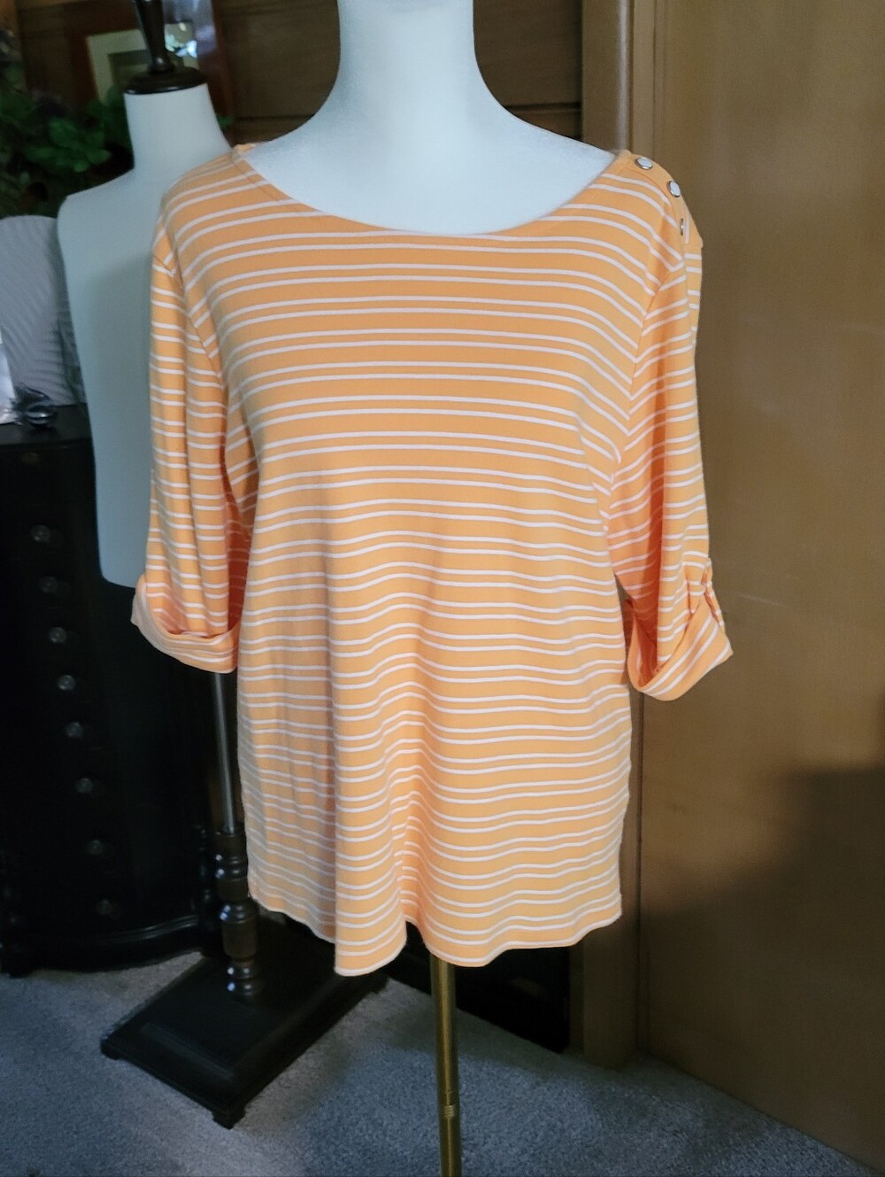 Christopher & Banks Peach and White Striped Boatneck Top